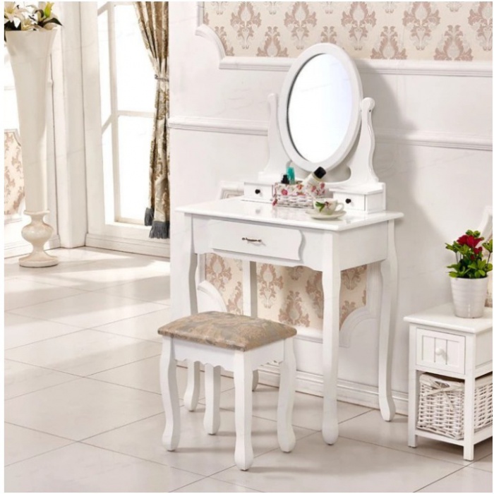 Toaletní stolek s taburetem, bílá / stříbrná, LINET